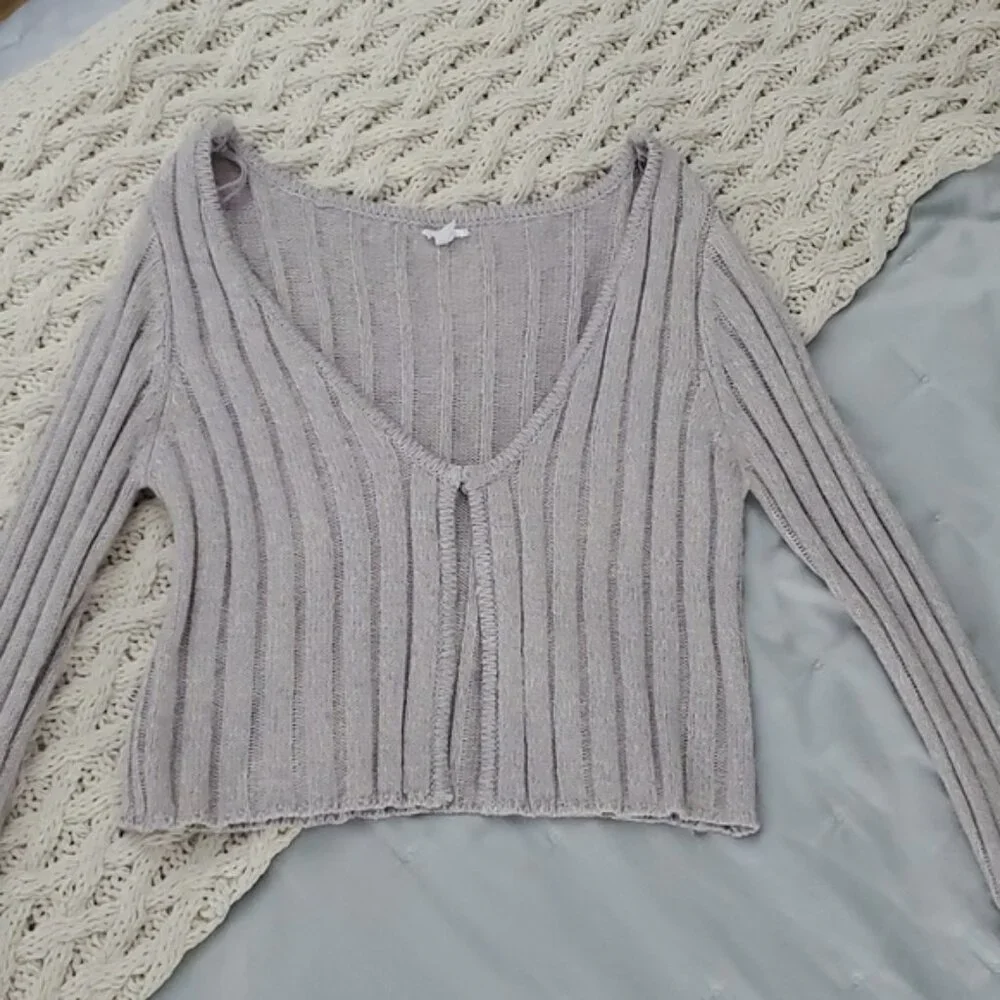 Garage Cotton Knit Ribbed Lilac Cropped Cardigan - Picture 5 of 10
